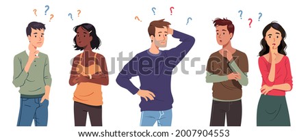 Questioning people men, women in doubt thinking with question marks over scratching head. Confused thoughtful persons, touching chin, pondering. Confusion, contemplation set flat vector illustration