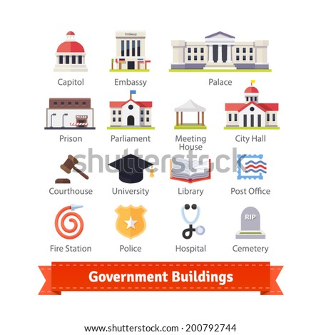 Government buildings colourful flat icon set. For use with maps and internet services interfaces. EPS 10 vector.