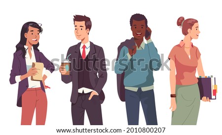 Multiethnic business men, women portrait set. Smiling business persons standing, talking on mobile cell phone, holding coffee cup, papers folder, notebook. Businessperson character flat vector illustr
