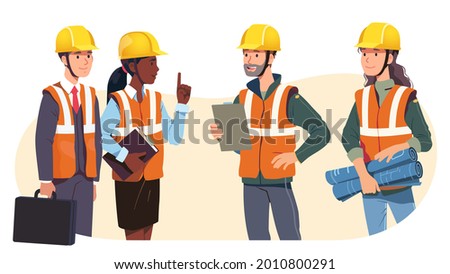 Construction engineer, architect supervisor, building project business employer, audit lawyer, government official meeting. Foreman in hard hat talking with client. Vector character illustration Сток-фото © 