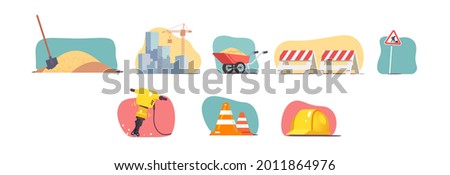 Road construction, repair equipment set. Shovel in sand, building, crane, wheelbarrow, safety helmet, traffic cone, jackhammer, barriers, road construction sign collection. Flat vector illustration