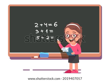 Student girl kid or teacher summing numbers studying at school blackboard. Child person do math exercises calculating, writing on chalk board at lesson. Education, learning flat vector illustration