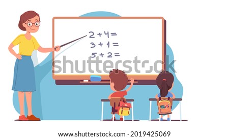 Teacher woman person pointing at whiteboard teaching students kids class at mathematics lesson in school classroom. Children at desks learn maths. Education, knowledge, study flat vector illustration