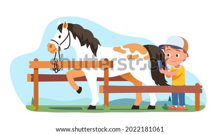 Equestrian person grooming horse, combing tail hair. Horseman rider boy kid cartoon character taking care of domestic animal pet at farm ranch. Equestrianism fun. Flat man vector illustration Imagine de stoc © 
