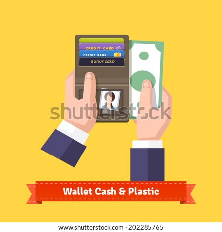 Opened wallet in human hands flat icon. With plastic cards, dear photo and cash. Businessman paying a bill concept. EPS 10 vector.