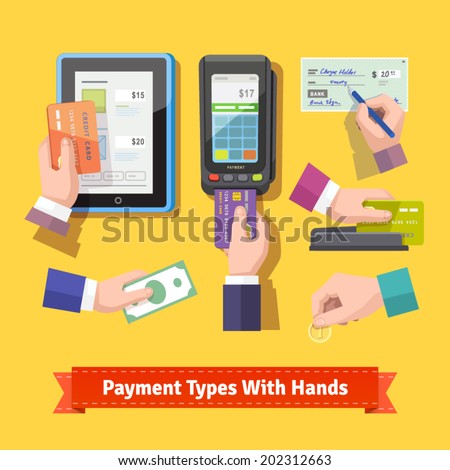 Flat icon set of payment types. Human hands holding credit cards, cash, coins, writing check, paint at POS. EPS 10 vector.