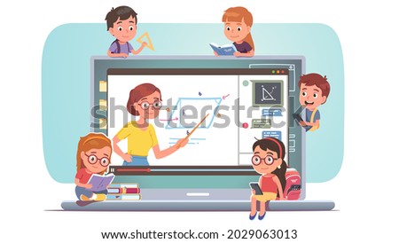Distant education class concept. Kids watching remote interactive online webinar lesson with chat on laptop computer. Teacher explaining, children students learning remotely. Flat vector illustration