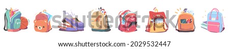 School backpacks set. Cute boys, girls children full schoolbags with books, supplies, textbooks, notebooks, pens, pencils, paints, ruler, calculator. Kids education, study flat vector illustration