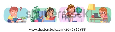 Confused students kids having difficulties doing homework, learning, studying set. Discouraged boys girls questioning. Sad children read, think hard at home. Education problem flat vector illustration