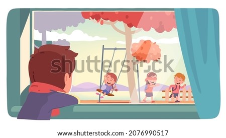 Sad ill boy wearing scarf, staying at home, looking through window at kids playing games outdoors, feeling lonely and sick. Health, disease quarantine. Flat vector sick character illustration