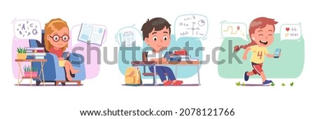 Boy, girls student kids using smartphone for reading, study, sports training set. Child person using cell phone as digital book, fitness tracker. Education, sport mobile app flat vector illustration