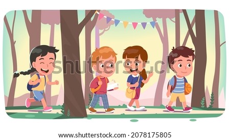 Students group walking trough park path, talking, smiling. Happy kids friends boys, girls returning from school carrying, backpack, bag. People chatting. Education, friendship flat vector illustration