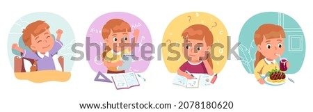 School student girl kid activities set. Waking up in morning, raising hand in class, studying and learning, doing homework, eating lunch steak. Schoolchild lifestyle flat vector character illustration