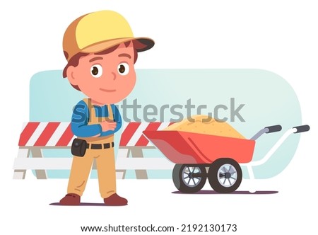 Builder man person standing near wheelbarrow with sand. Constructor worker kid character working repairing road at construction site with warning barriers. Building road job flat vector illustration