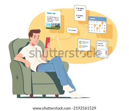 Man using calendar, messenger, social media applications on mobile cell phone. Person sitting on armchair texting messages in chat apps on smartphone. Communication concept flat vector illustration