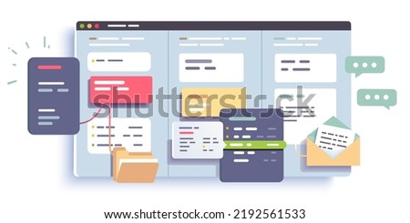 Planning scrum board application with business task cards, event reminder notes. Organizer app with appointments, messages. Project management, schedule software concept flat vector illustration