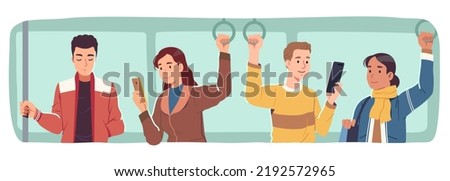 Men, women passengers riding inside public transport vehicle. Persons characters standing holding handles in bus or subway train, using mobile cell phones. City transportation flat vector illustration