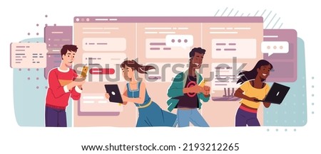 Women, men work in planning scrum board application on laptop, tablet, mobile cell phones. Persons use organizer task, reminder cards. Project management, schedule app concept flat vector illustrati