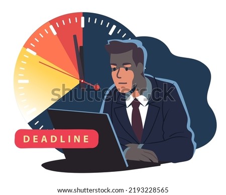 Stressed business man employee working late on laptop computer. Tired worker person overwork with midnight on clock. Deadline countdown stress, time crunch, overload concept flat vector illustration