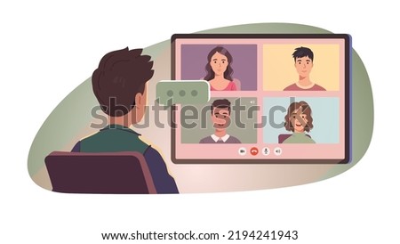 Man talking with friends or colleagues by video conference call on big computer monitor screen. Persons meeting remotely by online chat. Virtual distance communication concept flat vector illustration