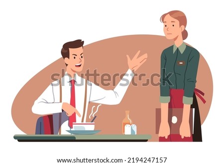 Angry restaurant visitor man shouting at waitress woman. Dissatisfied cafe customer person complain about dish food sitting at served dinner table. Service problem conflict flat vector illustration