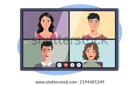 Friends or colleagues men, women talking by video conference call. Persons meeting by online chat on tablet computer or monitor screen. Virtual distance internet communication flat vector illustration