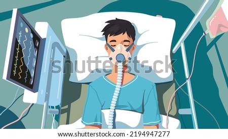COVID patient man lying in hospital bed with oxygen mask for artificial lungs ventilation from coronavirus disease top view. Unconscious person with corona virus pneumonia flat vector illustration