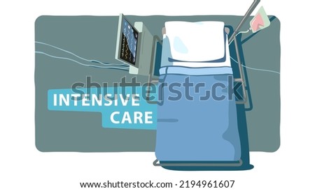 Hospital intensive care unit empty bed with monitor, IV drip for emergency medical treatment. Disease therapy ward room equipment top view. Health care, medicine flat style vector illustration 