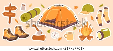 Camping tourism activity elements set. Tent, compass, flashlight, axe, trekking boots, matches, mat equipment, campfire. Expedition adventure journey, outdoor leisure sticker flat vector illustration