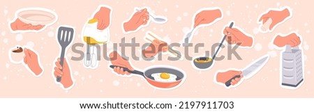 Cook hands holding kitchen utensils cooking set. Person hands preparing food with spoon, knife, pan, fork, cutlery tool collection. Kitchenware equipment, preparation gestures flat vector illustration
