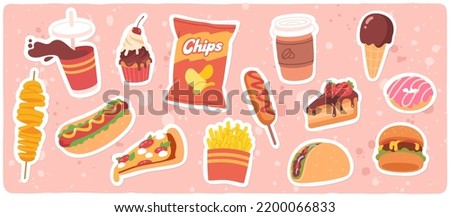 Fast food meal sticker set. Burger, sandwich, hamburger, pizza, drink, cheeseburger, French fries, donut lunch snacks. Unhealthy takeaway junk food, cartoon restaurant menu flat vector illustration