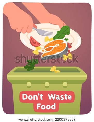 Dont waste food poster. Hands throwing away food from plate into garbage bin. International Day of Awareness of Food Loss and Waste, leftover disposal, recycling concept banner flat vector illustratio