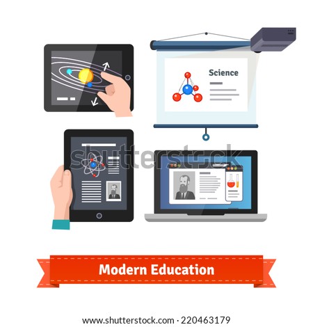 Modern technology in education flat icon set. Online and virtual learning experiences. EPS 10 vector.