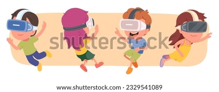 Boy, girl kids in virtual reality or VR headsets. Happy children persons using VR goggles device simulation technology. Future entertainment, cyberspace experience concept flat vector illustration set