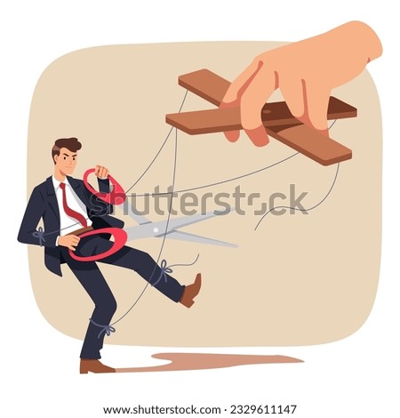 Puppet business person getting freedom. Boss hand control employee pulling strings, marionette man cut ropes with scissors freeing himself. Authority, manipulation concept flat vector illustration