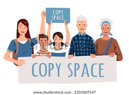 Family holding blank placard in protest. Activist mother woman, senior grandparent couple, son boy, daughter girl child person protest with empty sign. Social rights concept flat vector illustration