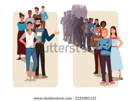 Angry people crowd standing in long line waiting set. Impatient men, women persons group cartoon characters standing in queue. Customer service response time problem concept flat vector illustration