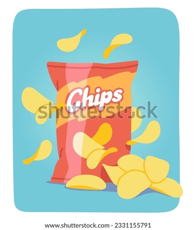 Potato chips package bag sticker. Fried potato snack product pack with crisps around. Delicious chips junk food in plastic container, unhealthy eating, nutrition packaging flat vector illustration