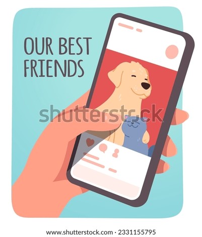 Hand holding mobile cell phone with pet app. Cute cat, dog animals on smartphone cellphone screen. Our best friends text, online application technology, social network sticker flat vector illustration