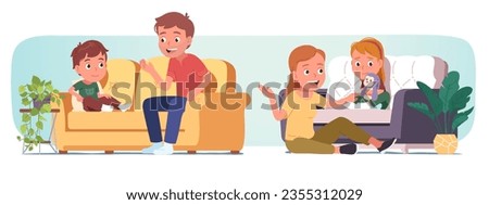 Parent person talking with child at home. Father man, son boy kid sit on couch together, mother woman comfort upset daughter girl. Family bonding, parenting, conversation flat vector illustration set