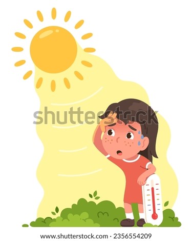 Person suffering from summer sun heat. Sad girl child sweating under hot sunlight, high temperature on thermometer. Heat stroke risk, health care, sunny weather concept flat vector illustration