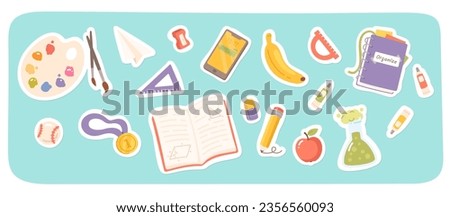School education supplies stickers set. Pencil, ruler, book, brush, notebook, eraser, paint, marker stationery. College equipment, class studying, learning, knowledge flat vector illustration