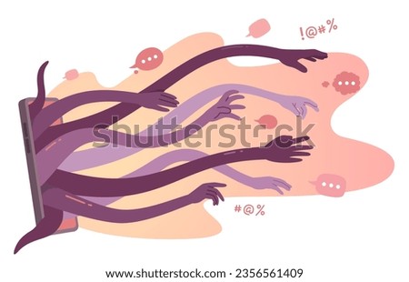 Online fears, disinformation news dangerous information from net, social media haters, internet hate speech, phone reaching out grabbing hands. Internet content overload vector illustration concept
