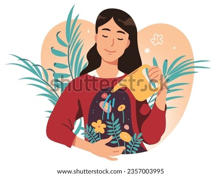 Person self love, mental health concept. Peaceful woman watering flowers inside her. Well-being, psychologist care, mindfulness, psychology, mind balance therapy, positive attitude vector illustration