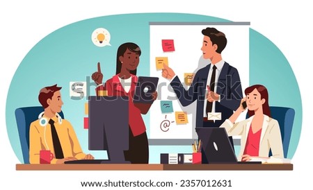 Business people team working at office workplace. Employee worker meeting together at minimal coworking space. Teamwork, workspace, coworkers collaboration, startup flat vector illustration