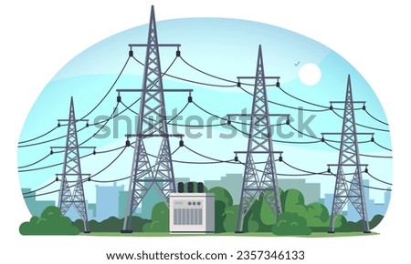 Electricity power transmission line towers. Industrial electrical energy supply pylons row with transformer, high electric voltage cables, sky, cityscape in background. Flat vector illustration
