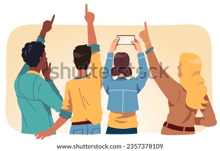 Back view of people group pointing fingers up. Surprised men, women  looking upward, showing, shooting, taking photo, video of something. Sightseeing, inspiration, advertisement vector illustration