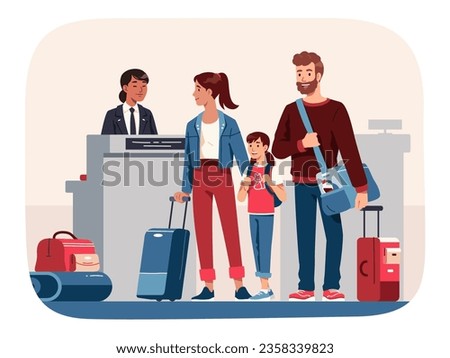 Family with luggage in airport going on trip. Happy traveler mother woman, father man person with girl child at check-in counter. Passenger control, departure, travel, journey flat vector illustration