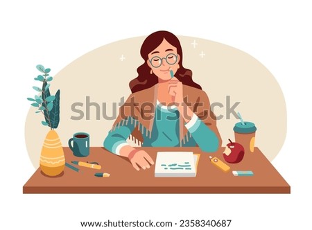 Writer woman working writing and making notes. Dreamy author or student person thinking, writing down creative ideas, thoughts on paper sheet at desk workplace. Creativity flat vector illustration