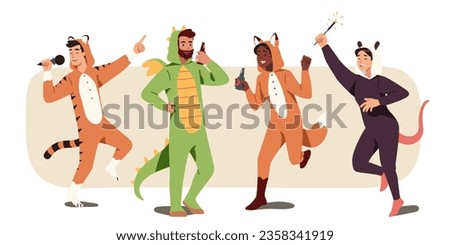 Animal character costumes pajama party set. Happy men, women friends in funny clothes dancing. Slumber party, sleepover fun, weekend celebration in jumpsuits. Person flat vector illustration